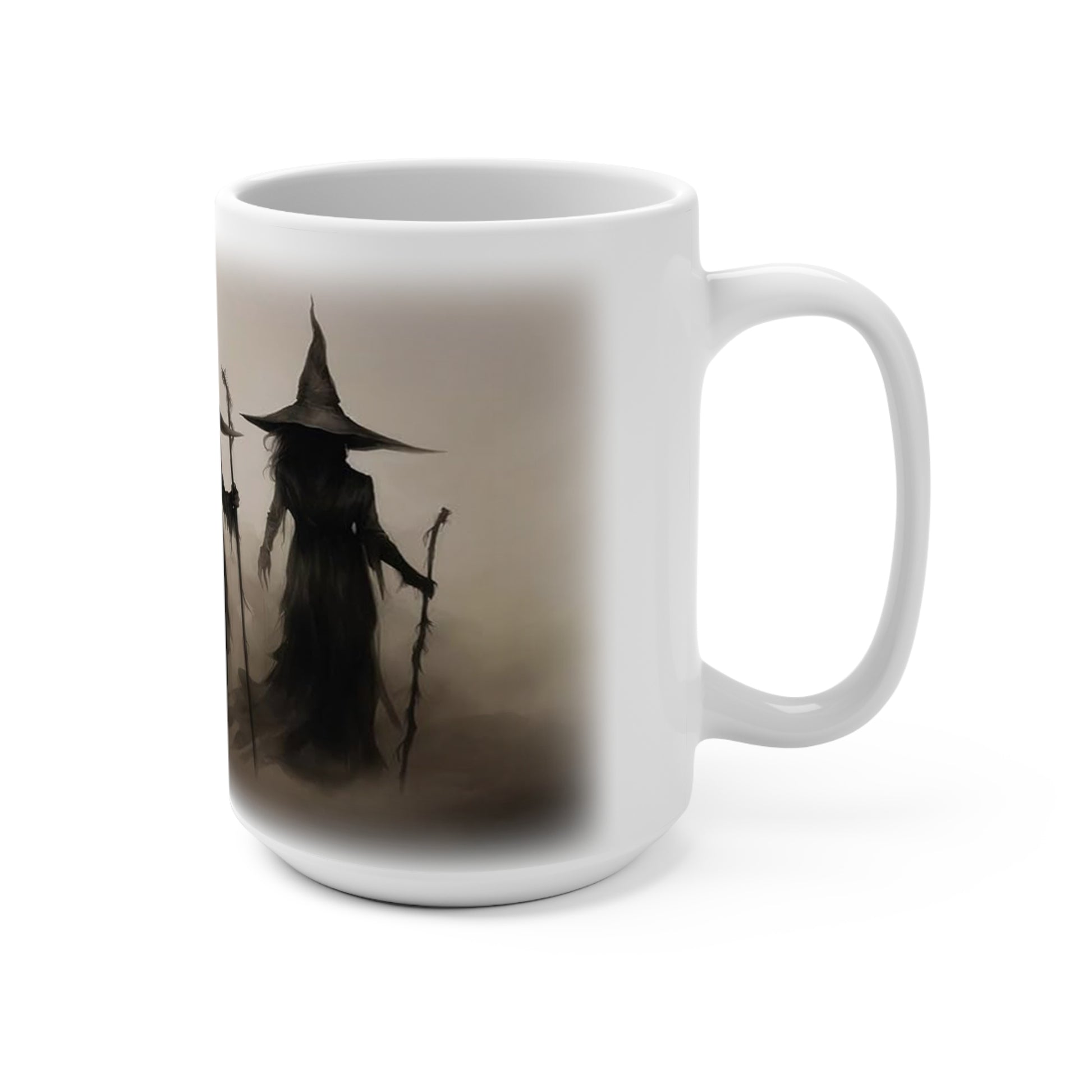 Bring a haunting touch to your coffee routine with this striking 15 oz ceramic mug featuring three shadowy witches in a moody, mist-filled scene. The dark, atmospheric artwork creates a mysterious gothic look that feels perfect for Halloween season, witchy décor lovers, and anyone drawn to eerie fantasy art.