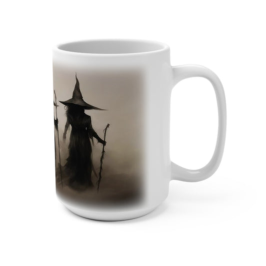 Bring a haunting touch to your coffee routine with this striking 15 oz ceramic mug featuring three shadowy witches in a moody, mist-filled scene. The dark, atmospheric artwork creates a mysterious gothic look that feels perfect for Halloween season, witchy décor lovers, and anyone drawn to eerie fantasy art.