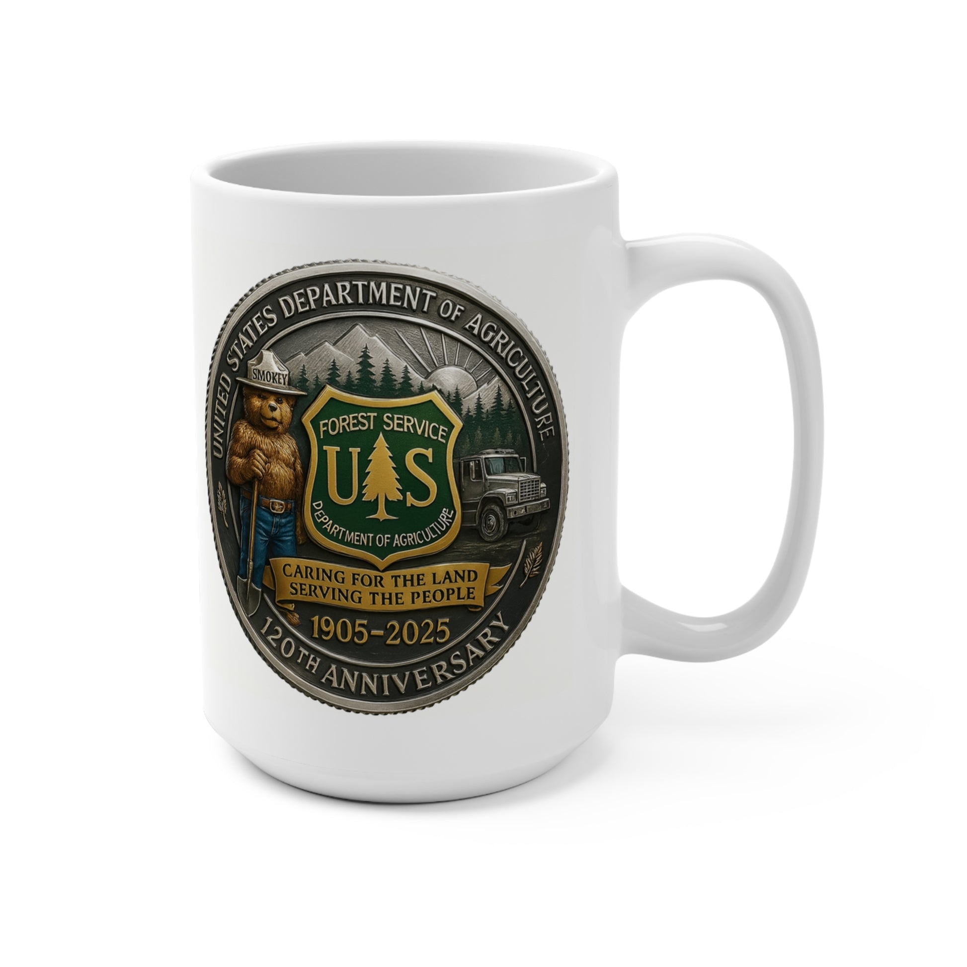 US Forest Service 120th Anniversary 15 oz coffee mug by MugsArtStore, ceramic cup with Smokey Bear and official USDA seal, commemorative gift for park rangers, firefighters, and national park lovers (1905–2025).
