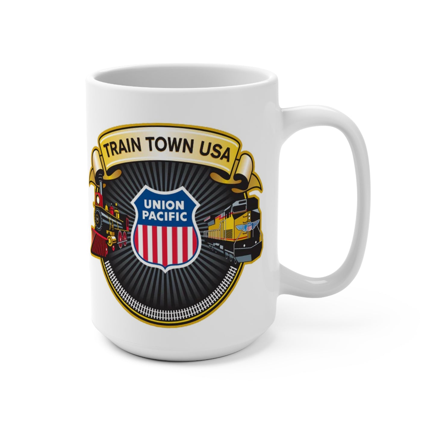 Railroad enthusiast gift mug showing Train Town USA banner, locomotive illustrations, and shield-style railroad emblem on a white 15 oz coffee cup.