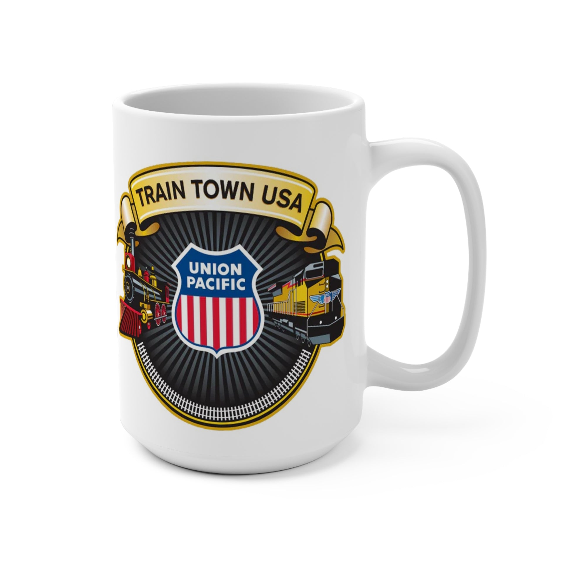 Railroad enthusiast gift mug showing Train Town USA banner, locomotive illustrations, and shield-style railroad emblem on a white 15 oz coffee cup.