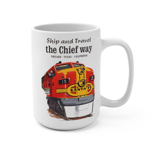 A white ceramic coffee mug with a vintage design featuring a red and yellow steam locomotive and the text 'SHIP AND TRAVEL THE CHIEF WAY CHICAGO, ILLINOIS - CALIFORNIA'.