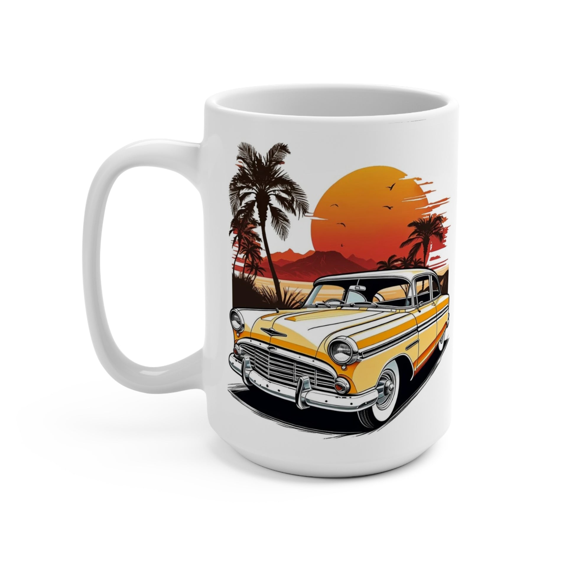 “Retro automotive art mug with classic car design in front of warm sunset sky and tropical palm silhouettes”