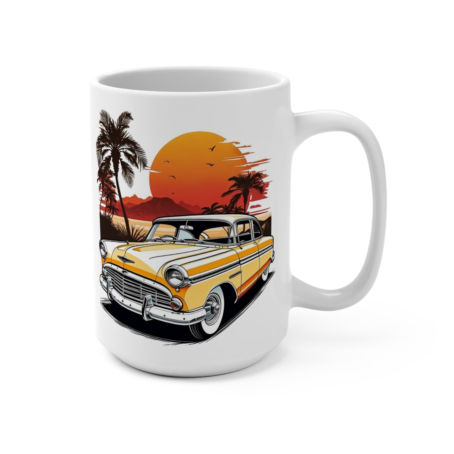 “15 oz white ceramic coffee mug with retro classic car illustration, orange desert sunset, palm trees, mountains, and birds”