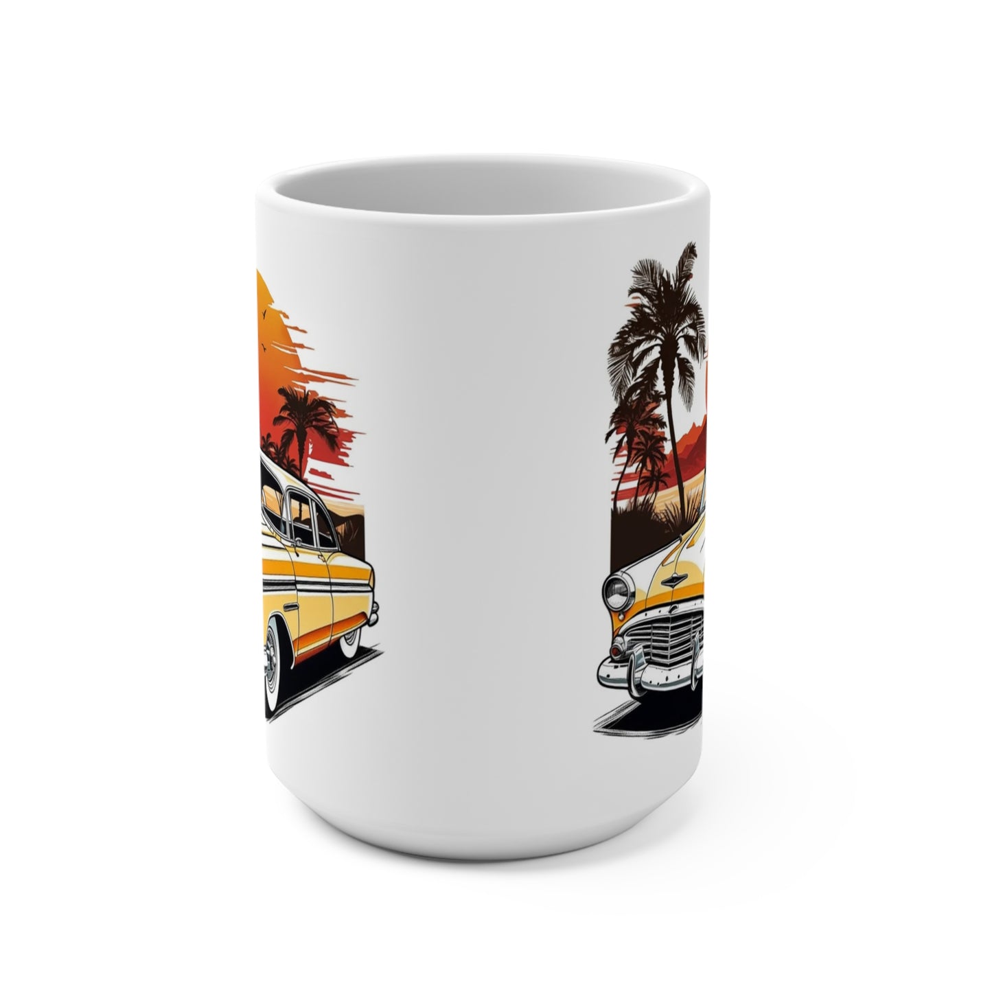 “Vintage car coffee mug featuring yellow-and-white classic cruiser with palm tree sunset background on white mug”
