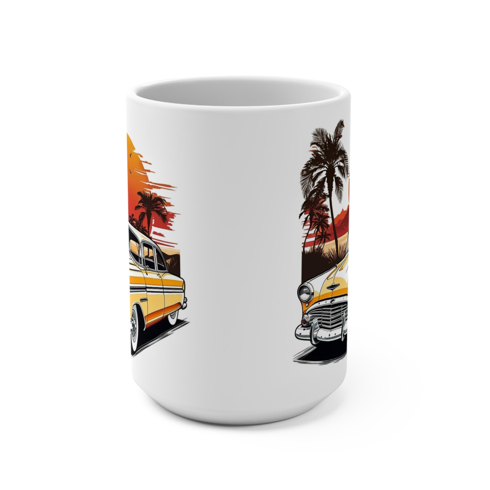 “Vintage car coffee mug featuring yellow-and-white classic cruiser with palm tree sunset background on white mug”