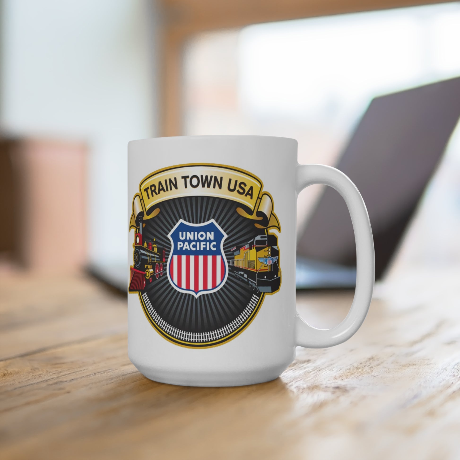 Union Pacific–inspired train lover coffee mug, 15 oz white ceramic, with steam locomotive, diesel engine, and bold circular emblem graphic.