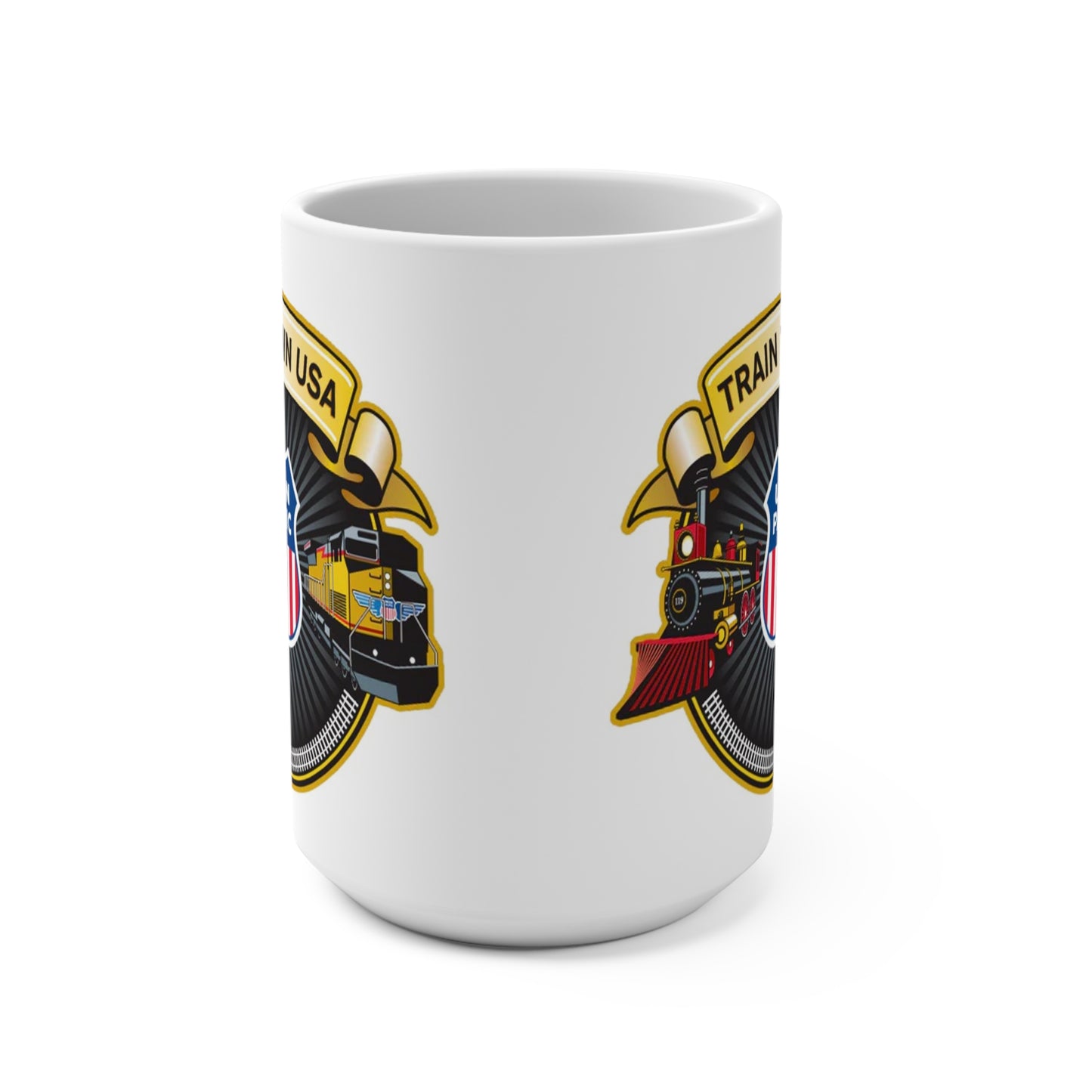 White 15 oz ceramic coffee mug featuring Train Town USA emblem with Union Pacific–style shield and steam and diesel locomotive artwork.