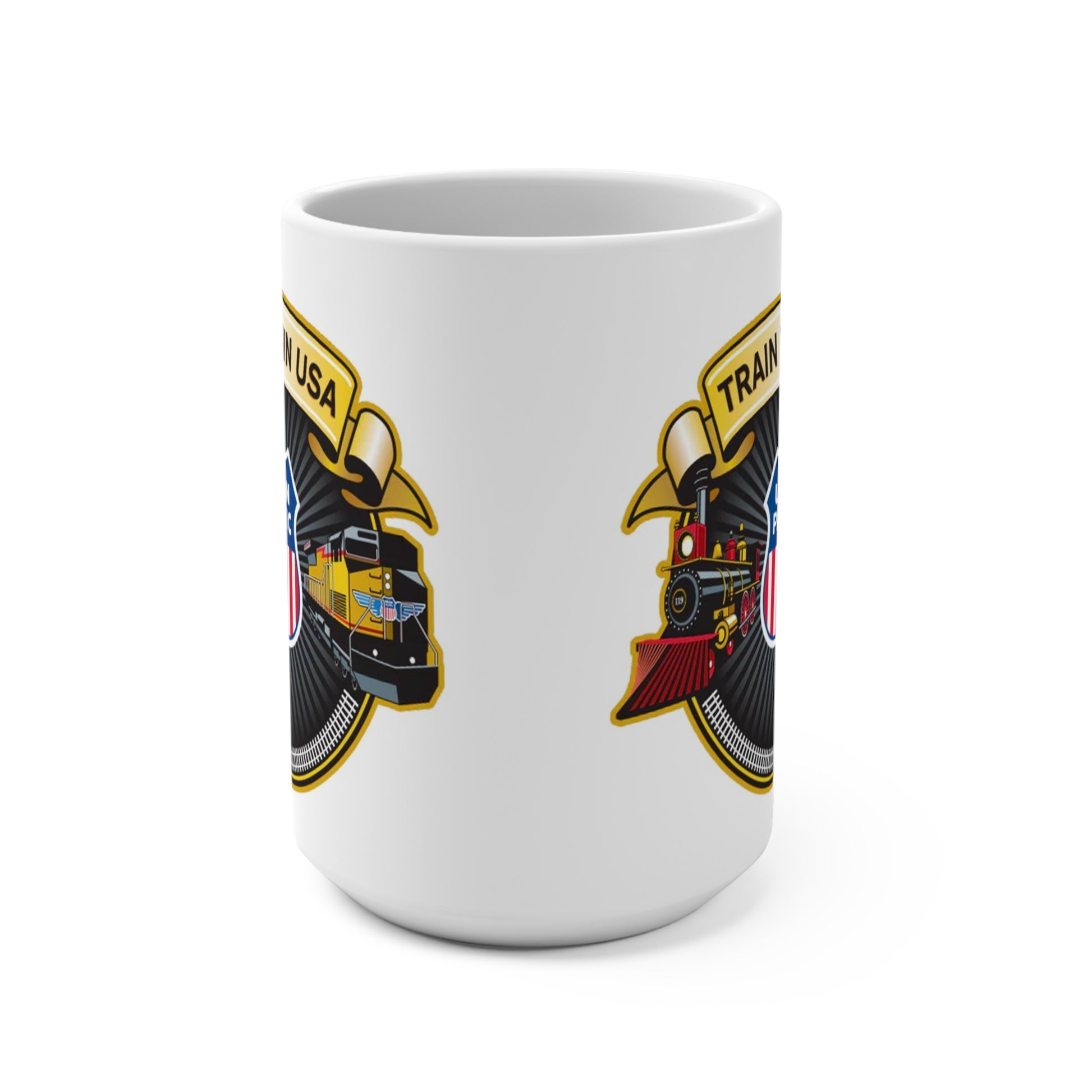 White 15 oz ceramic coffee mug featuring Train Town USA emblem with Union Pacific–style shield and steam and diesel locomotive artwork.