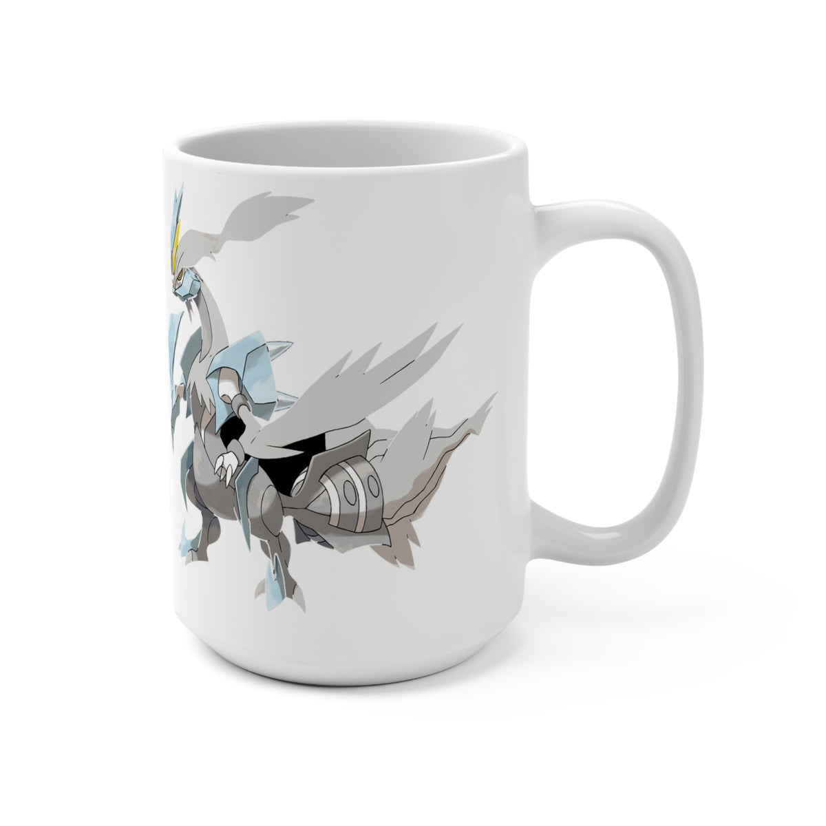 White ceramic mug showing the white space between two White Kyurem illustrations with pale blue details and yellow accents.
