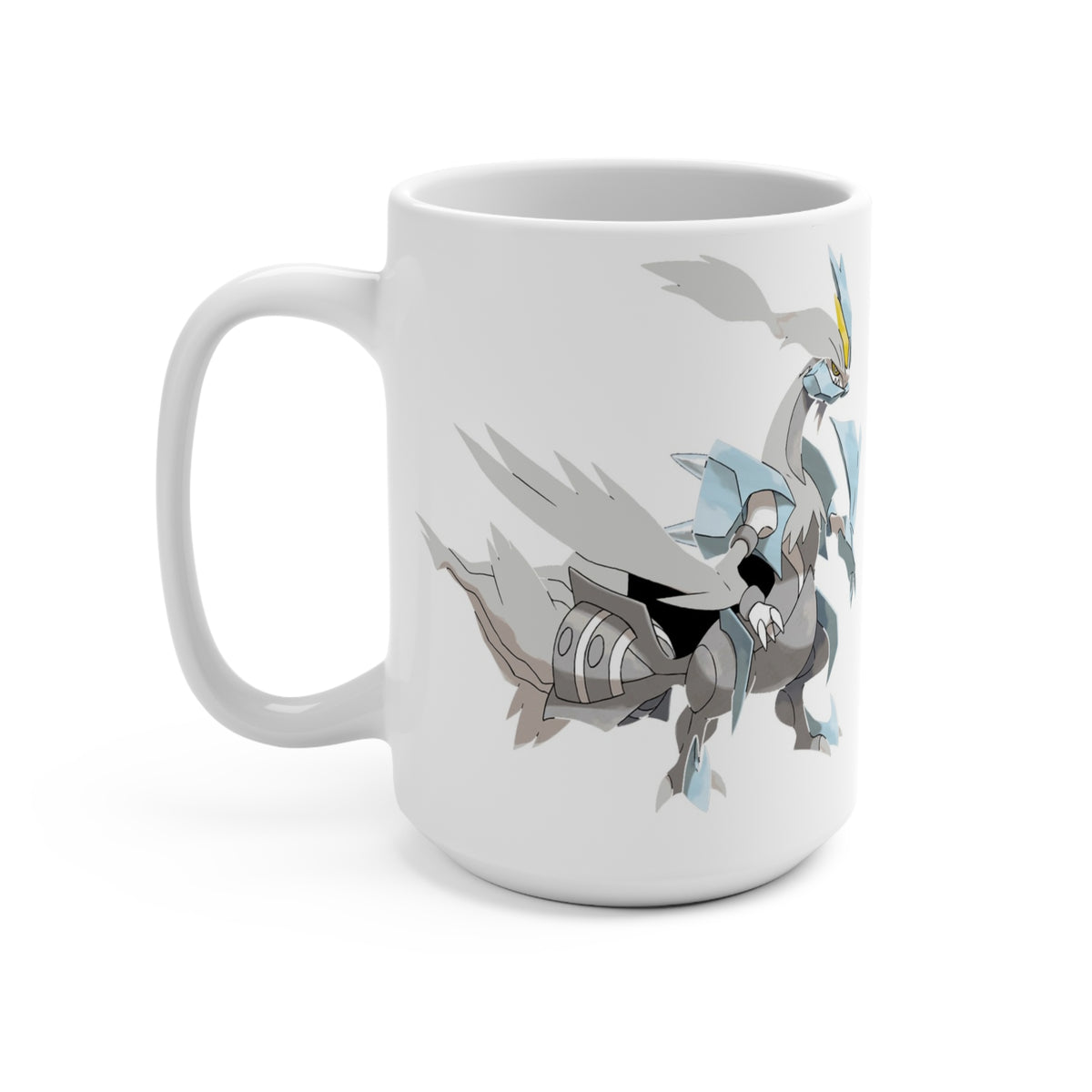 Left handle view of White Kyurem Pokémon mug showing the character’s wings, clawed feet, and gray-and-white body.