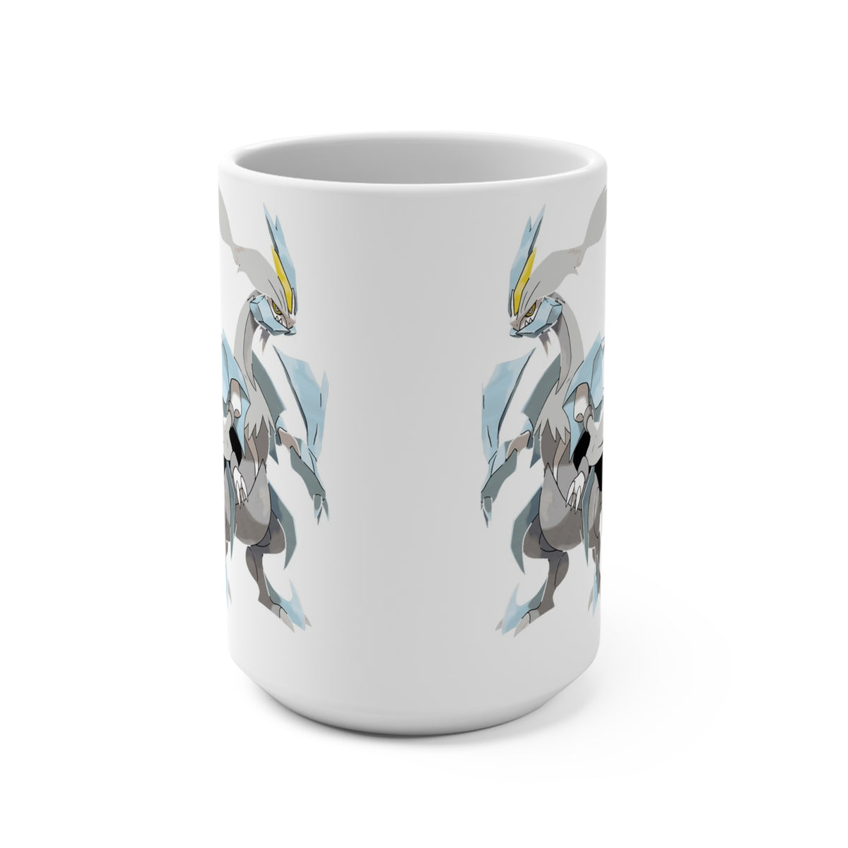 Right handle view of White Kyurem mug featuring sweeping white wings, gray tail details, and pale blue accents.