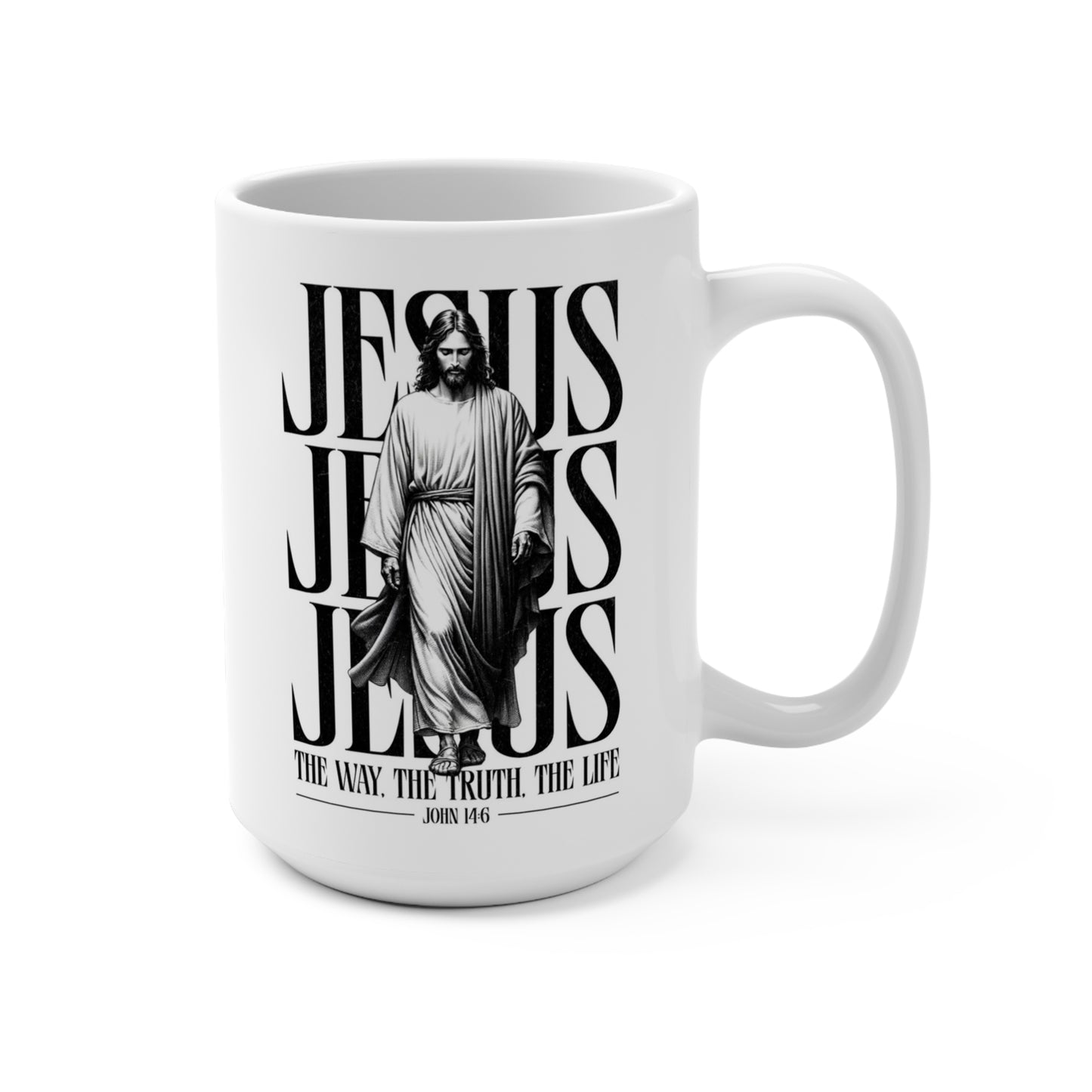 Jesus John 14:6 Christian coffee mug with black and white scripture artwork

