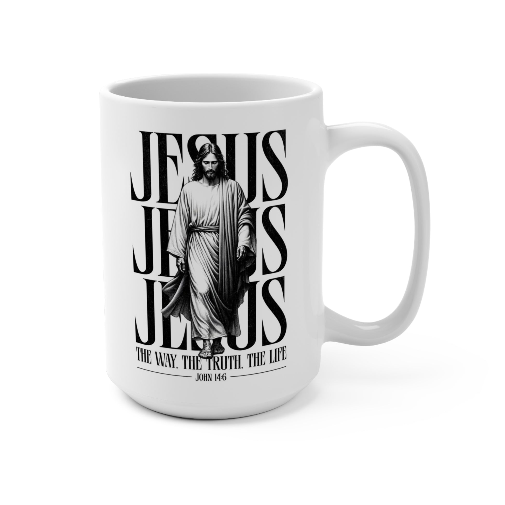 Jesus John 14:6 Christian coffee mug with black and white scripture artwork
