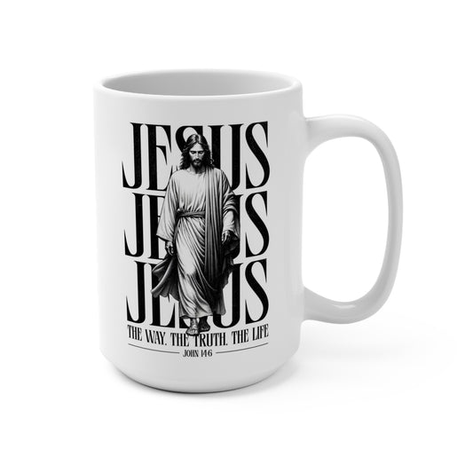 Jesus John 14:6 Christian coffee mug with black and white scripture artwork
