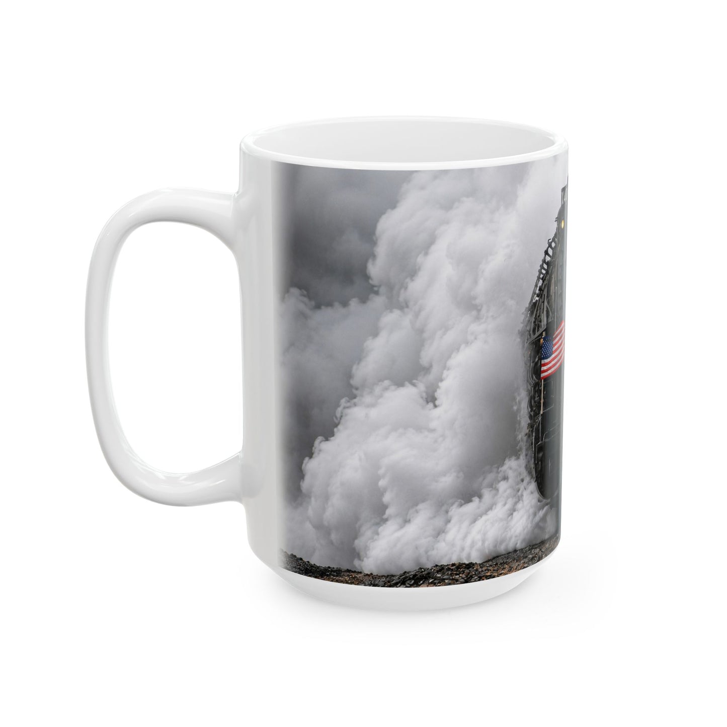 White ceramic railroad mug featuring steam clouds and Big Boy 4014 locomotive artwork