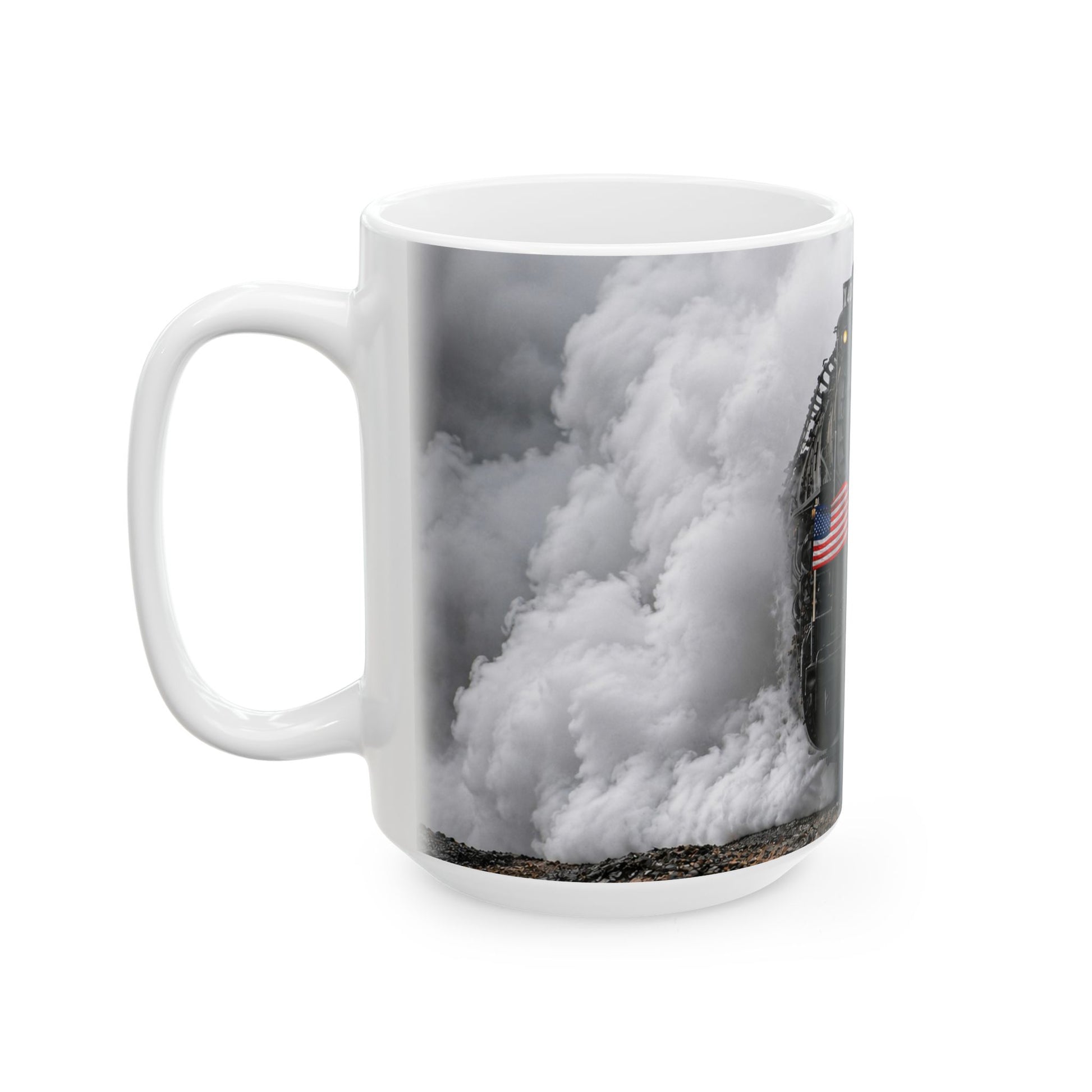 White ceramic railroad mug featuring steam clouds and Big Boy 4014 locomotive artwork