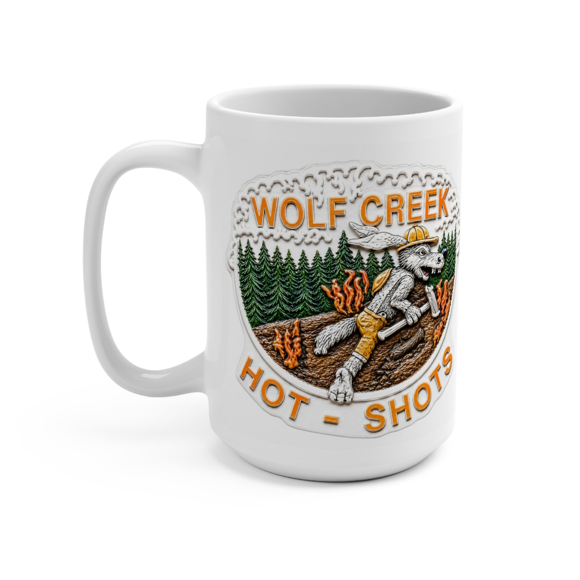 Wolf Creek Hotshots firefighter mug shown from the left with orange lettering, pine trees, flames, and wolf artwork