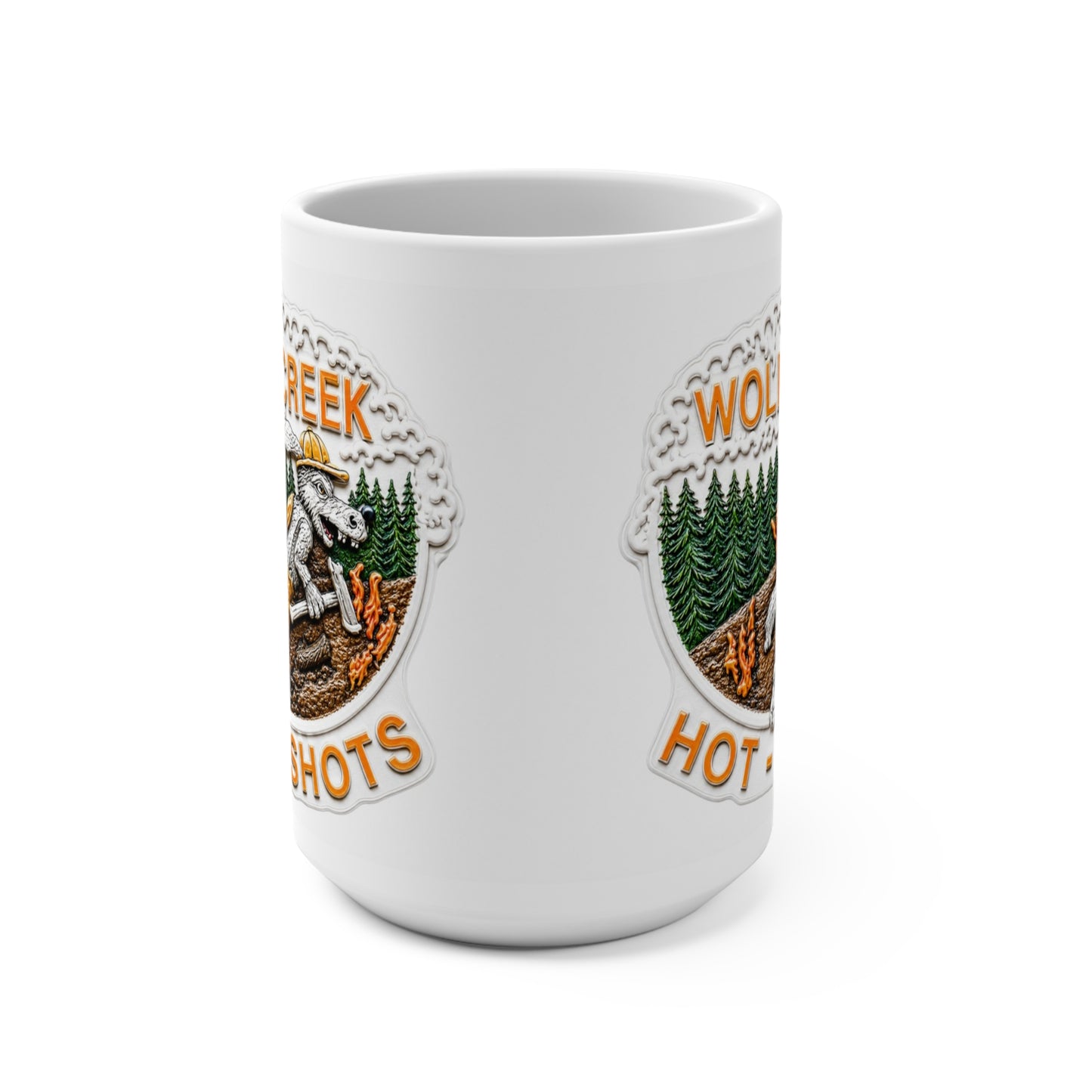 Wolf Creek Hotshots 15 oz ceramic mug displaying the double-sided wildland firefighting design