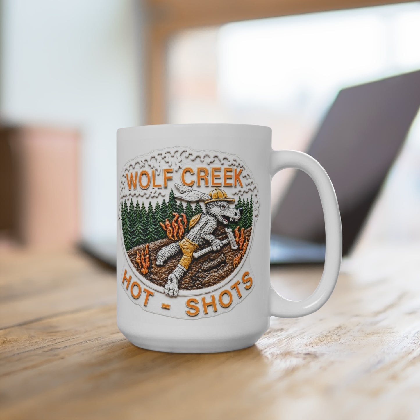 Wolf Creek Hotshots 15 oz white ceramic wildland firefighter coffee mug with wolf and forest fire artwork