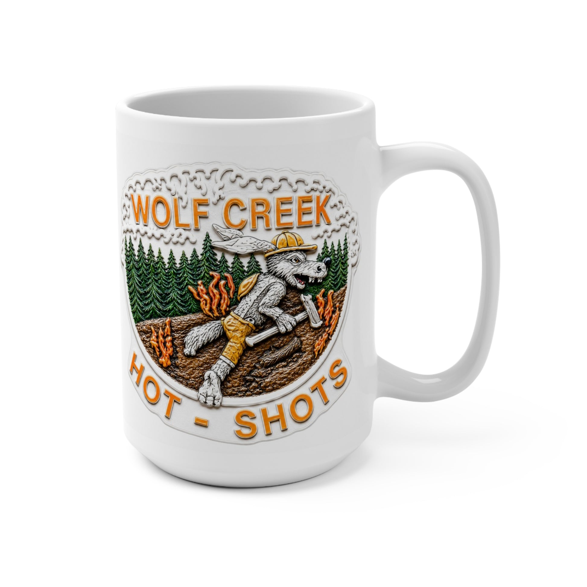 Wolf Creek Hotshots 15 oz white ceramic wildland firefighter coffee mug with wolf and forest fire artwork