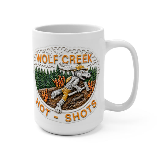 Wolf Creek Hotshots 15 oz white ceramic wildland firefighter coffee mug with wolf and forest fire artwork