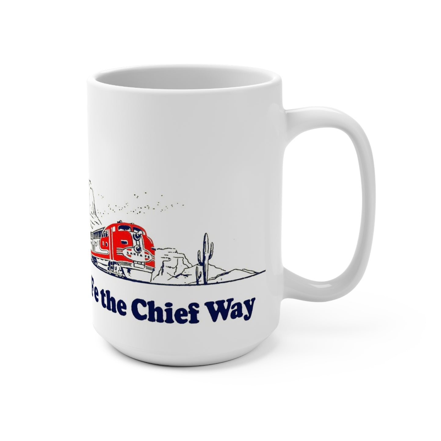 Santa Fe Chief Train Coffee Mug – 15 oz Ceramic Cup with Vintage Railroad Logo & Locomotive Design