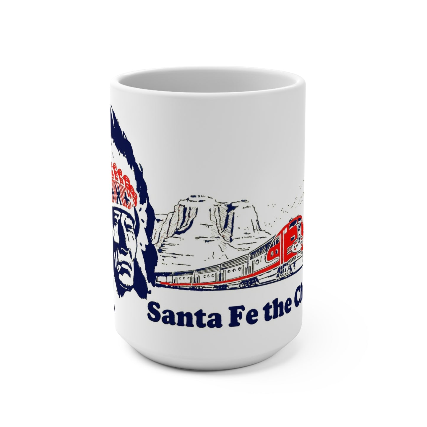 Santa Fe Chief Train Coffee Mug – 15 oz Ceramic Cup with Vintage Railroad Logo & Locomotive Design