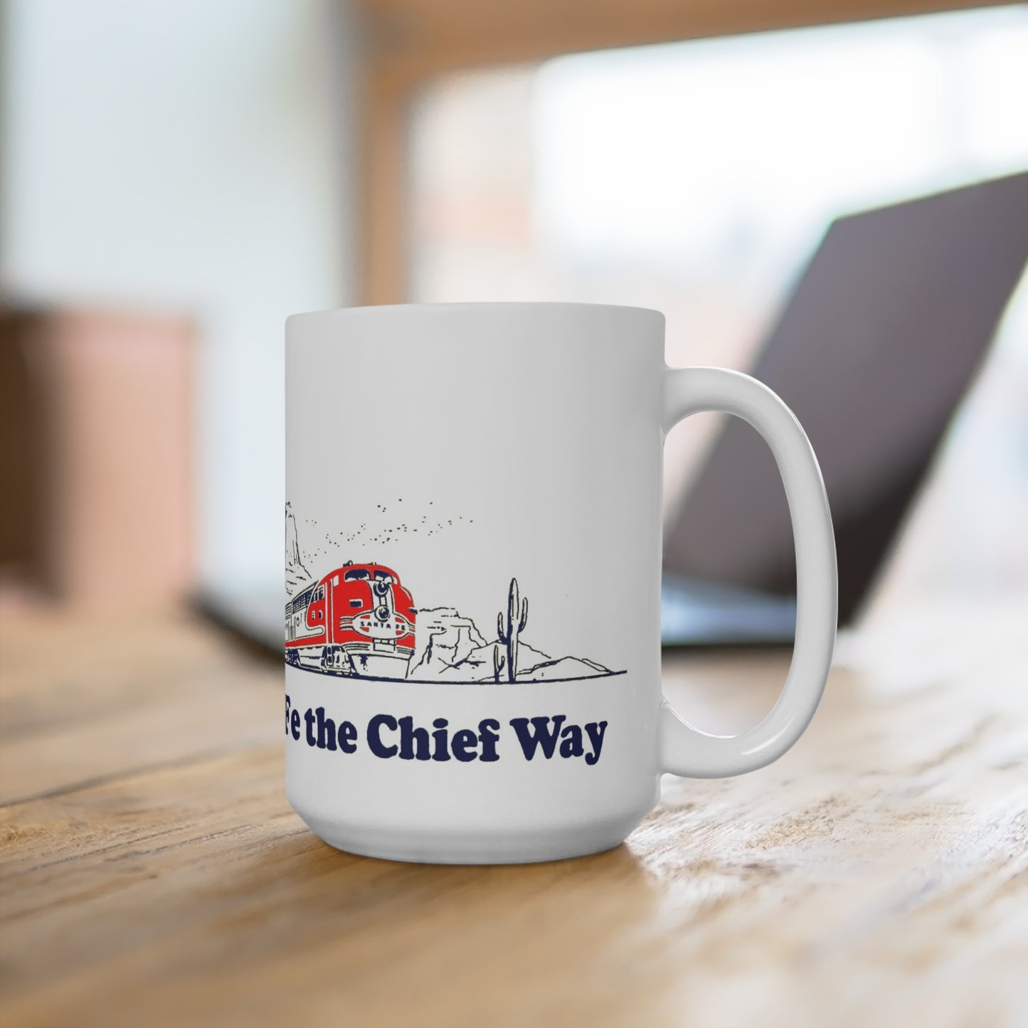 Santa Fe Chief Train Coffee Mug – 15 oz Ceramic Cup with Vintage Railroad Logo & Locomotive Design