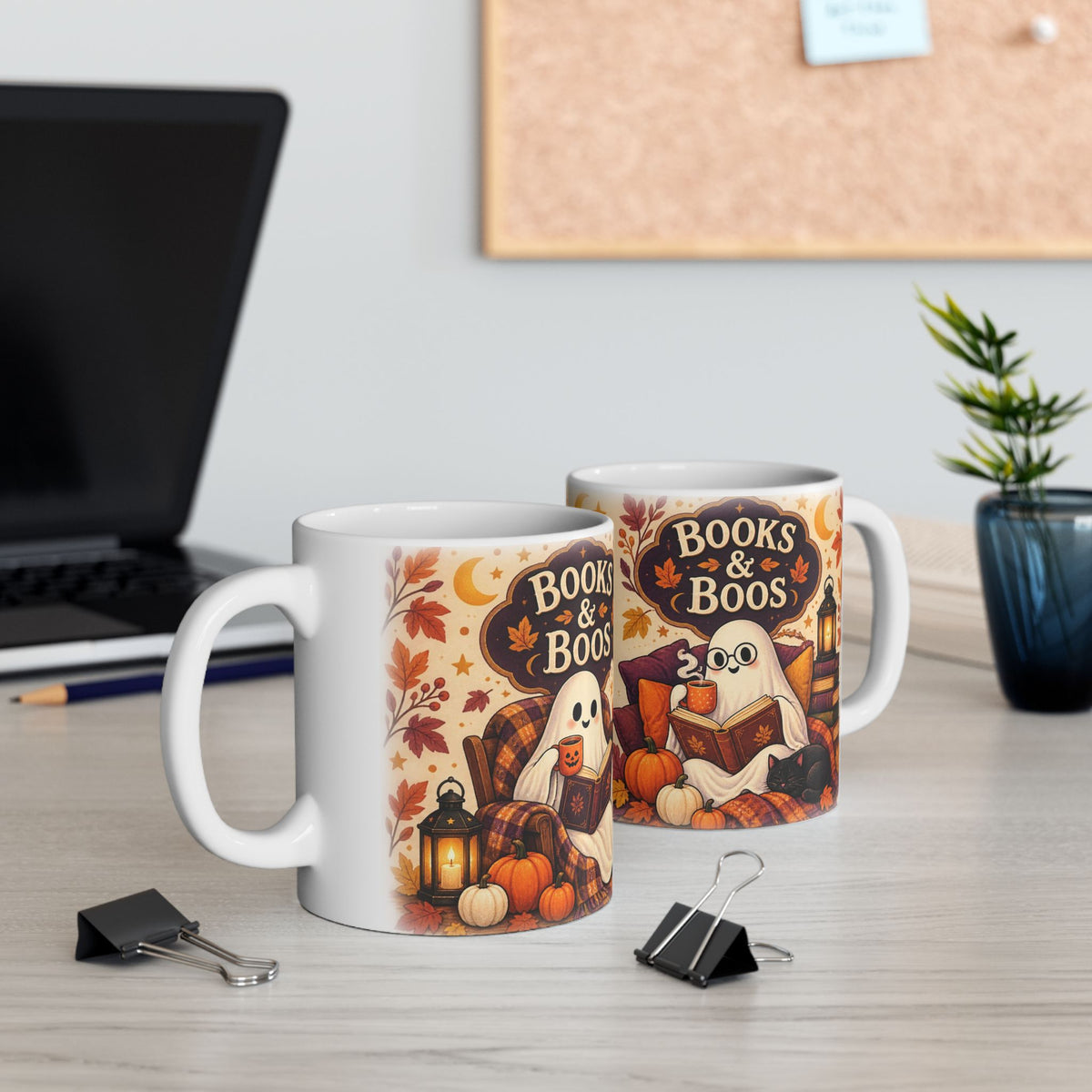 Books & Boos Ghost Reading Mug – 15 oz Halloween Coffee Cup
