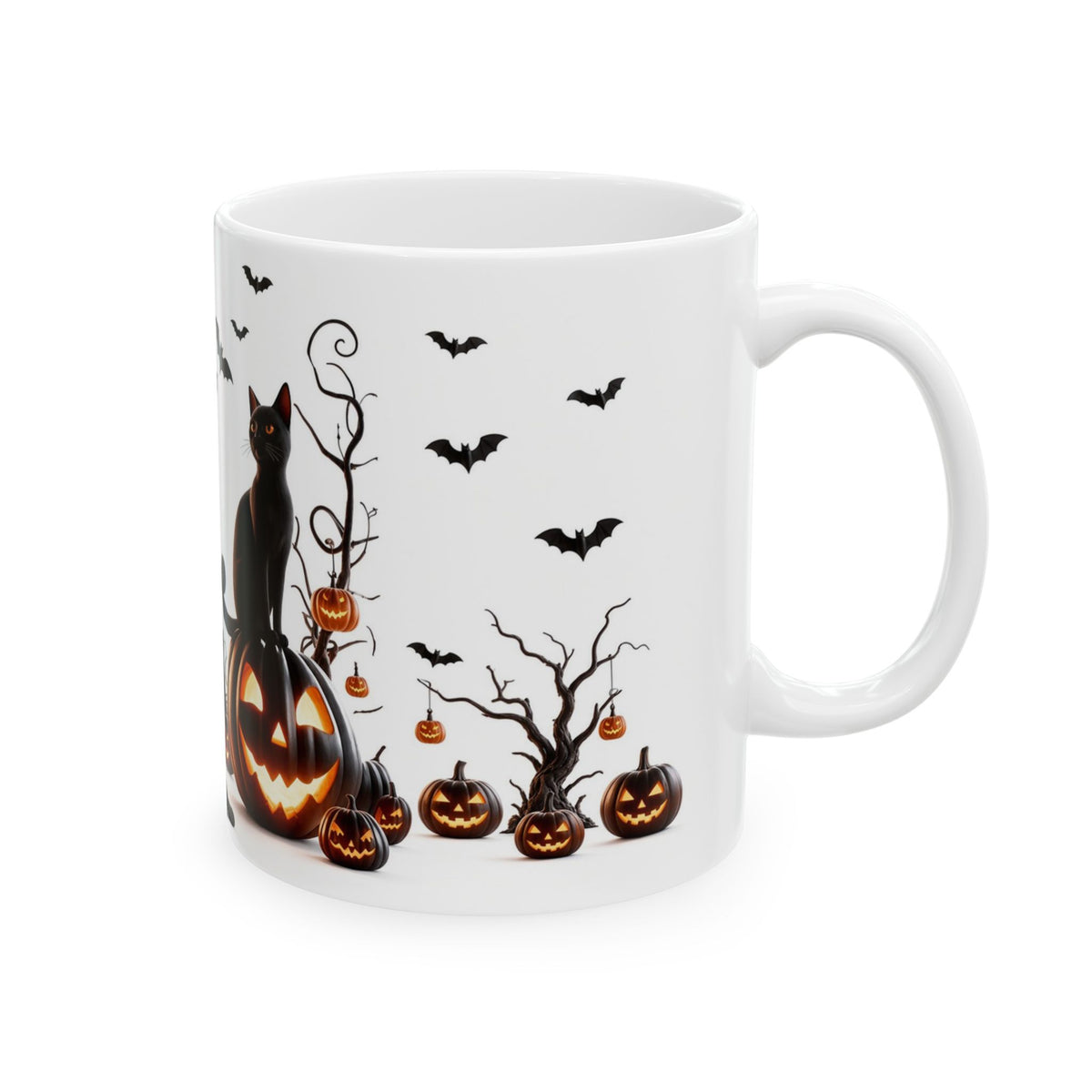 Right handle view of black cat and pumpkin mug showing a cat perched on a jack-o’-lantern beside spooky trees and bats.