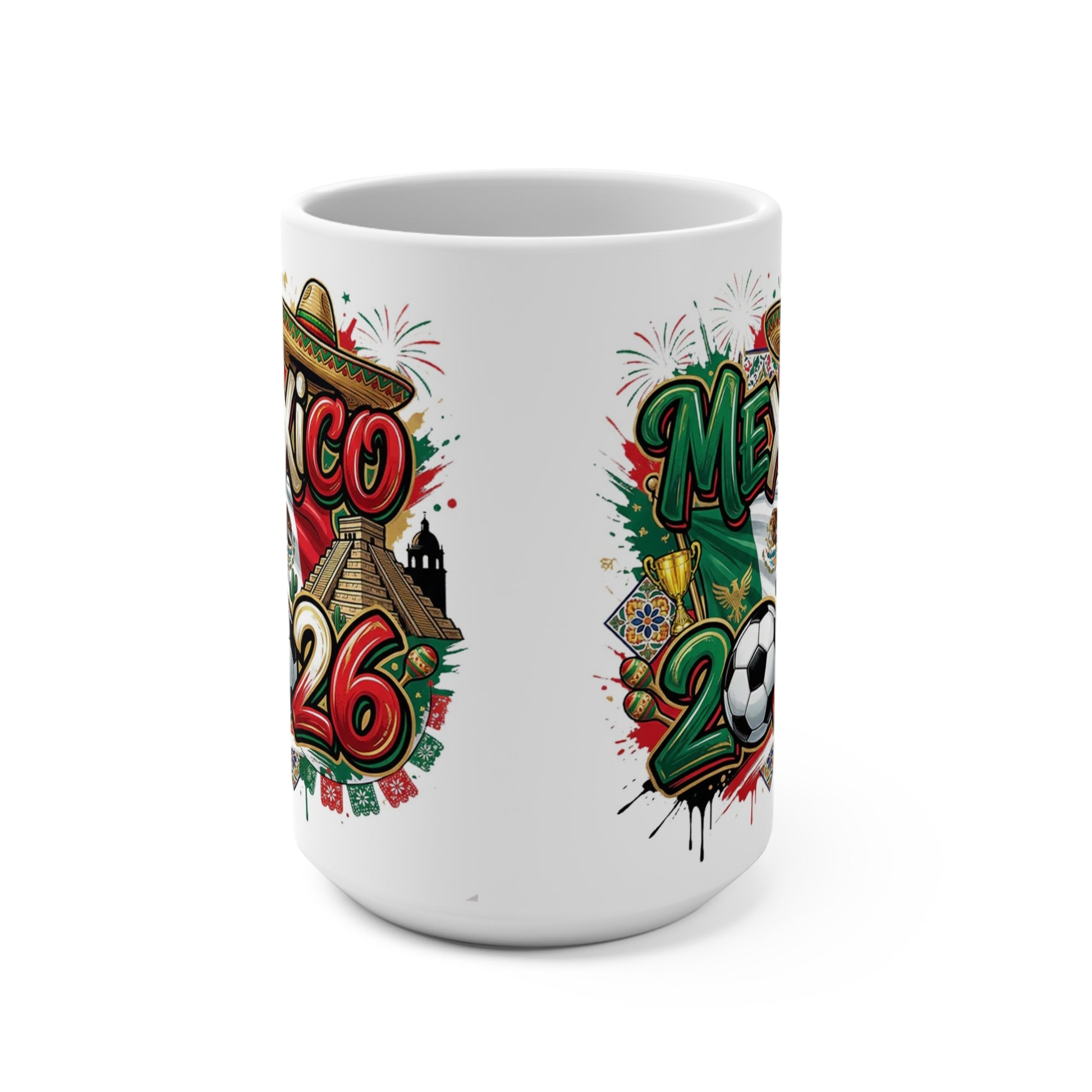 Mexico 2026 soccer 15 oz ceramic coffee mug with flag colors, sombrero, soccer ball, and fireworks design