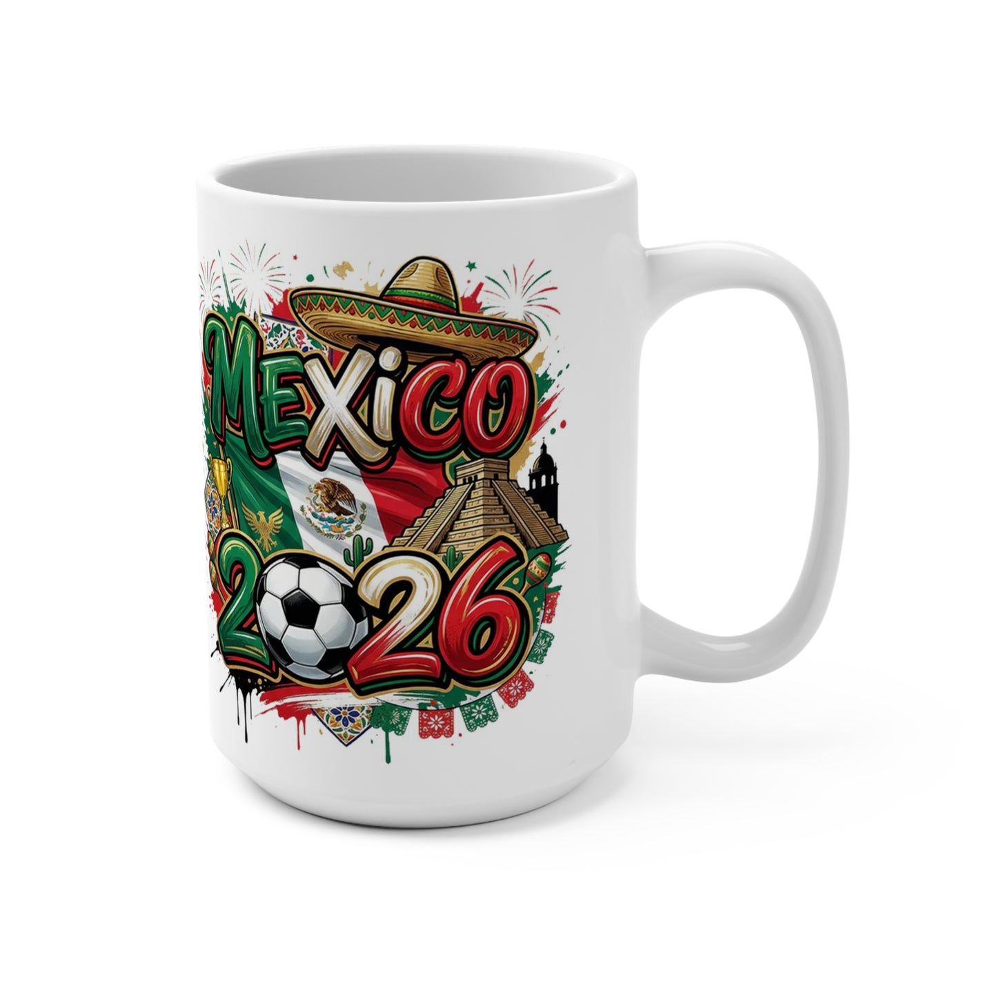 White ceramic Mexico soccer fan mug featuring bold red green white artwork and 2026 design