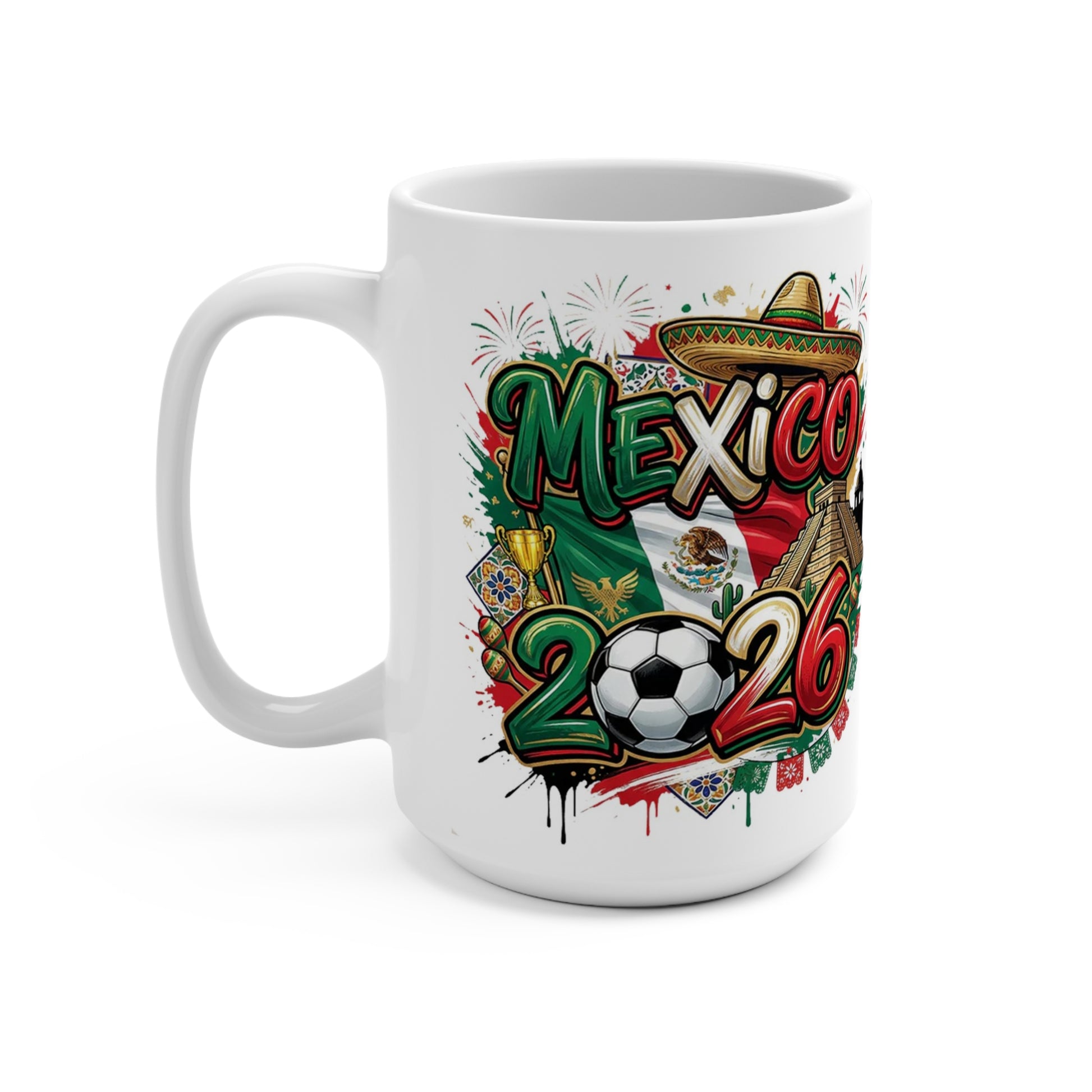 Mexico pride coffee mug with soccer ball, cultural artwork, trophy, sombrero, and colorful fan design